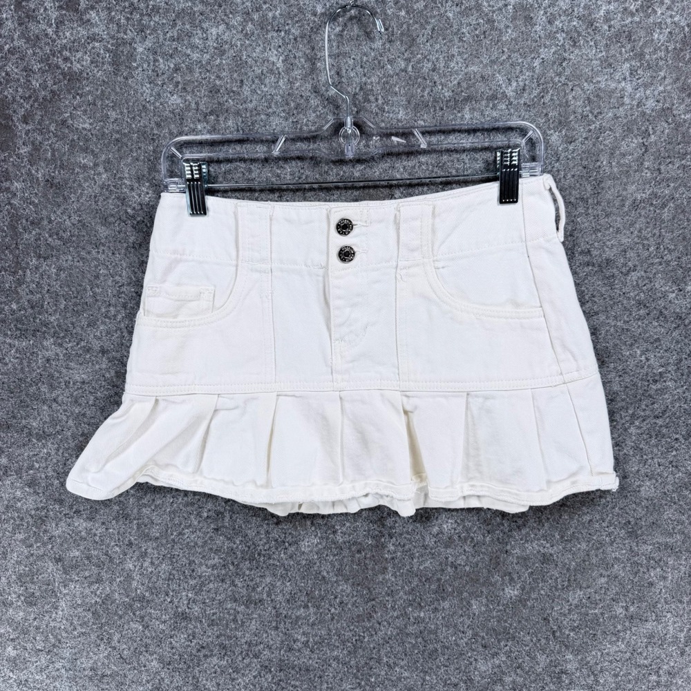 PacSun Women's Size 26 White Denim Mini Skirt Pleated Ruffle Hem 100% Cotton Y2K
